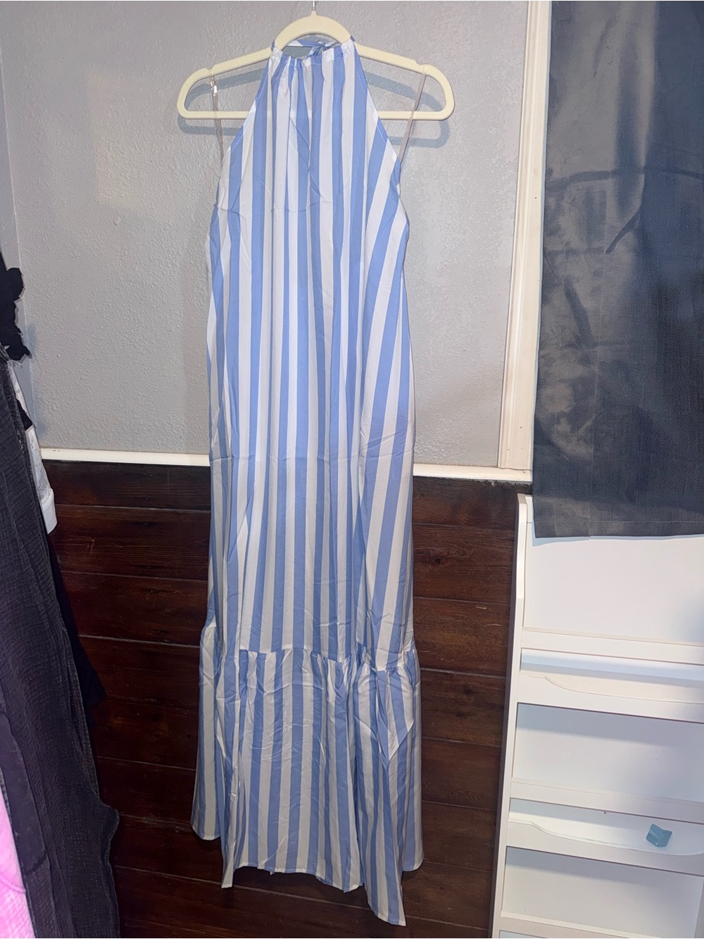 Blue & White Striped Halter Maxi Dress